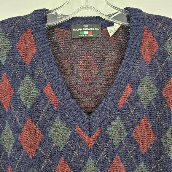 Italian Sweater Co Sweater Vest Mens XL Blue Argyle Wool Blend Made Italy Preppy - Picture 3 of 10